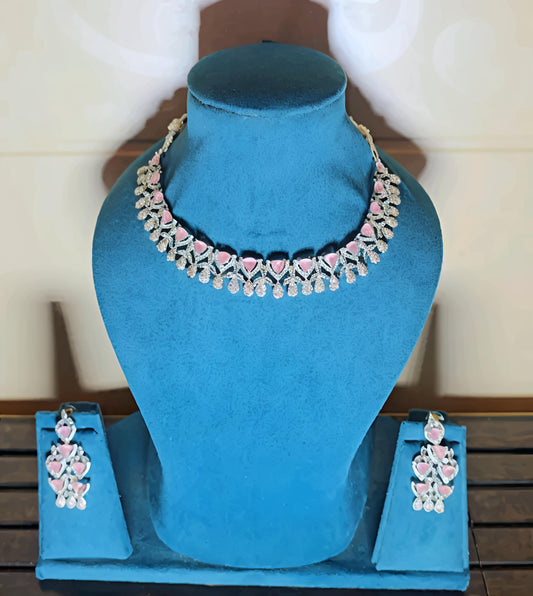 Royal Baby Pink American Diamond Necklace Set (⭐⭐⭐⭐⭐)